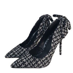 New York & Company Black Fabric Pointed Toe Slip-on Pumps with Bow Detail